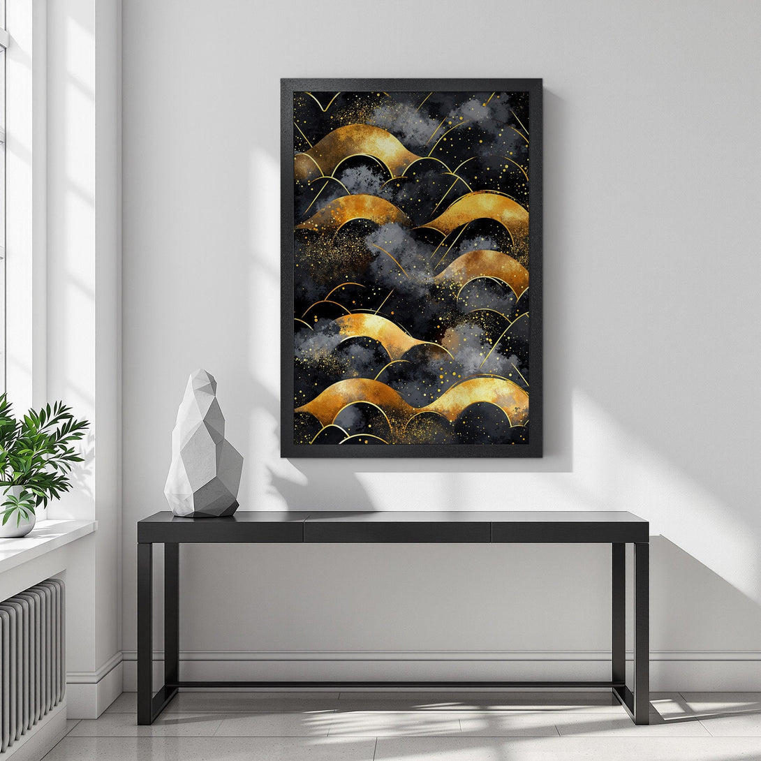 Framed Poster featuring abstract gold wave design on black background. Modern art print with a luxurious gold and black color palette. Elevate your space!