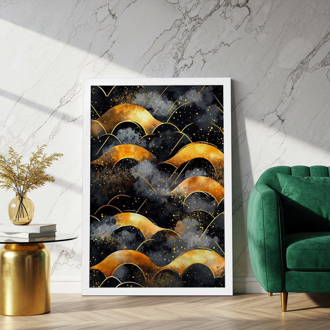 Framed Poster featuring abstract gold and black art. Modern style with a luxurious gold and dark color palette. Perfect wall decor.