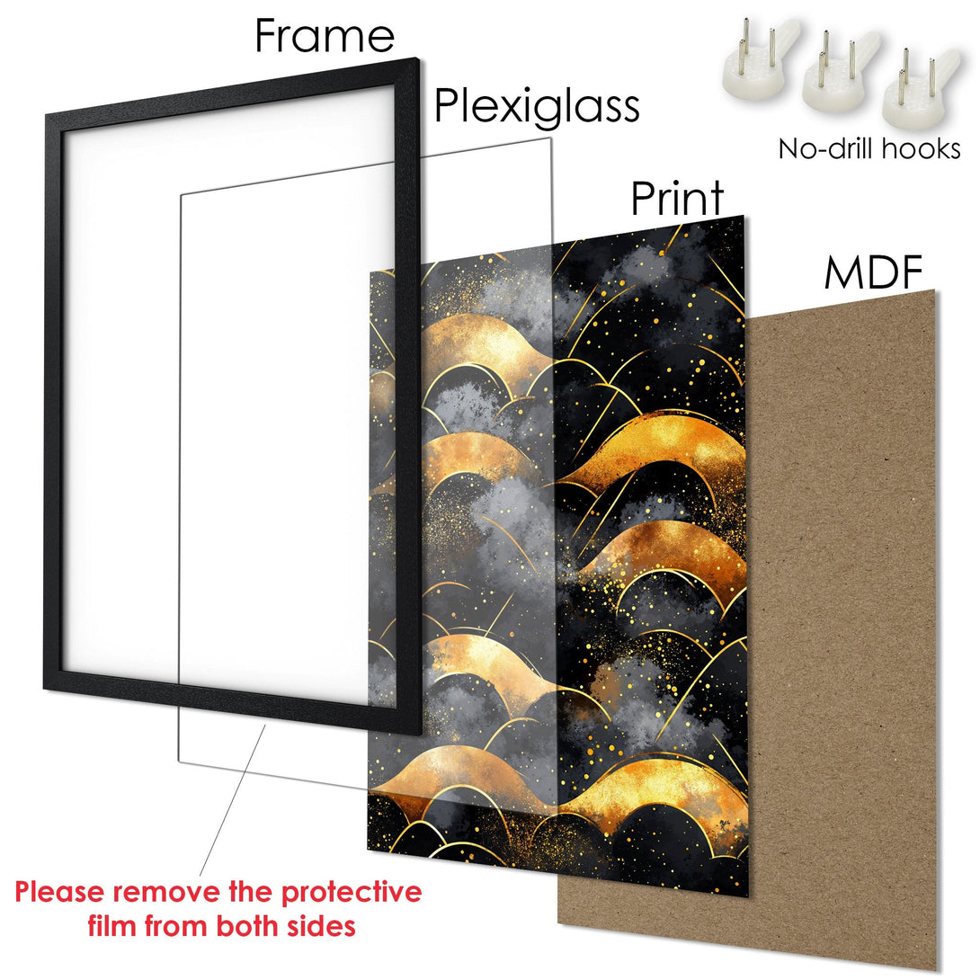 Framed Poster art with abstract gold design on black background. Modern wall decor in a sophisticated color palette.