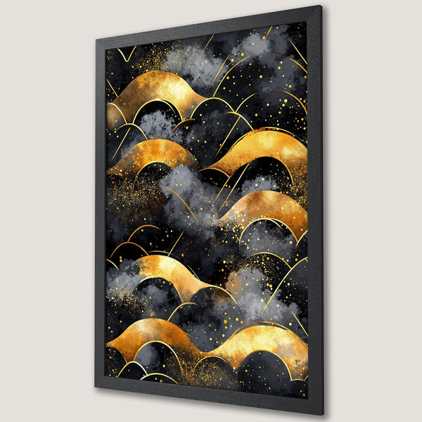 Framed Poster featuring an abstract gold and black design. Modern art style with a luxurious, elegant color palette. Perfect wall decor.