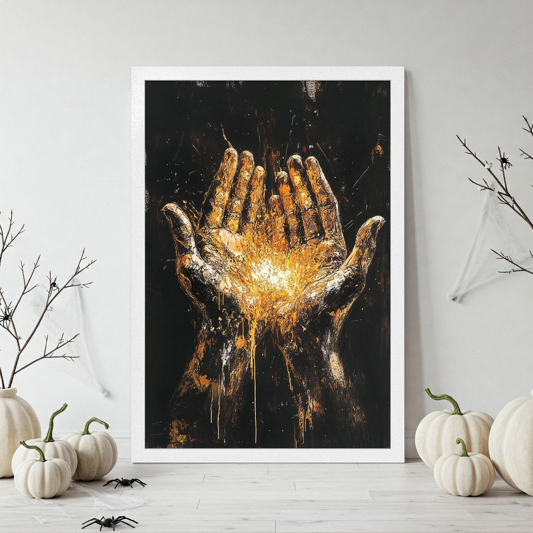Framed Poster featuring abstract hands with a golden glow, dark background, and a dramatic, modern style. Perfect wall art!
