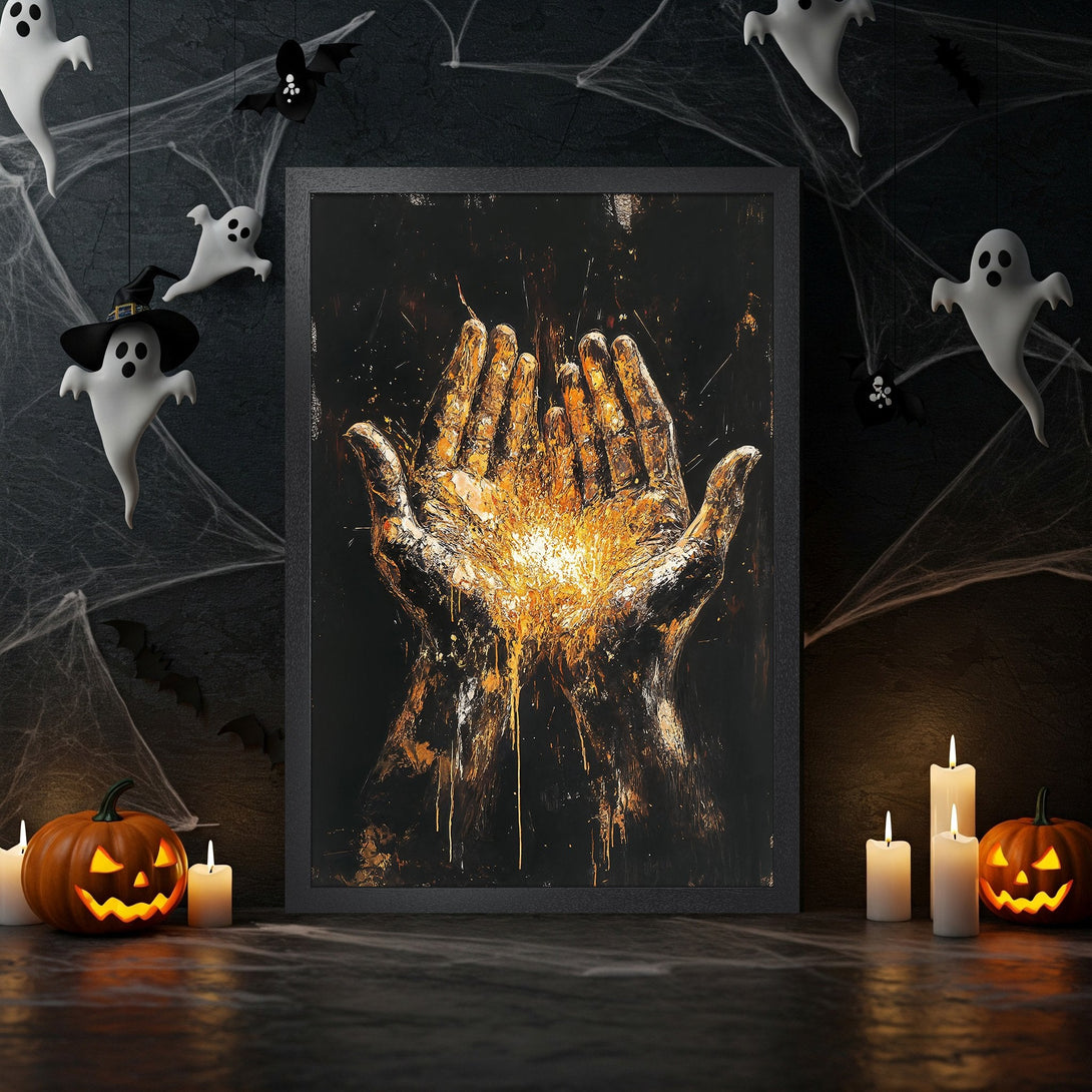 Framed Poster of hands with golden light, abstract style, dark & gold color palette, perfect Halloween decor.