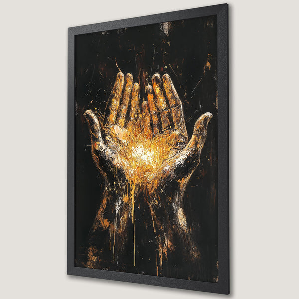 Framed Poster of hands with glowing light, abstract art in black and gold. Perfect wall art for your home.