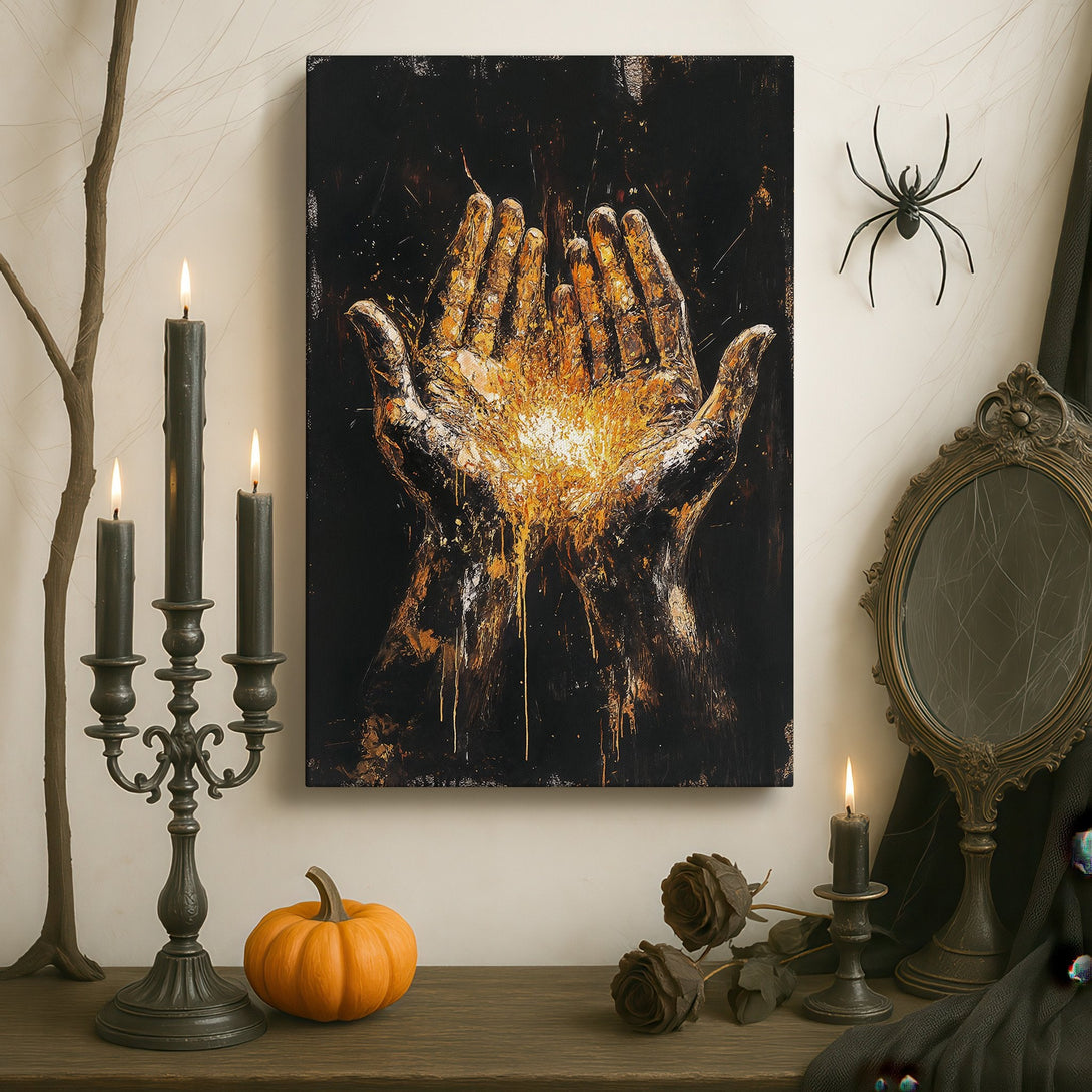 Framed Wall Art featuring abstract golden hands on black canvas. Dramatic, modern art with a rich, dark color palette. Perfect for luxury home decor.