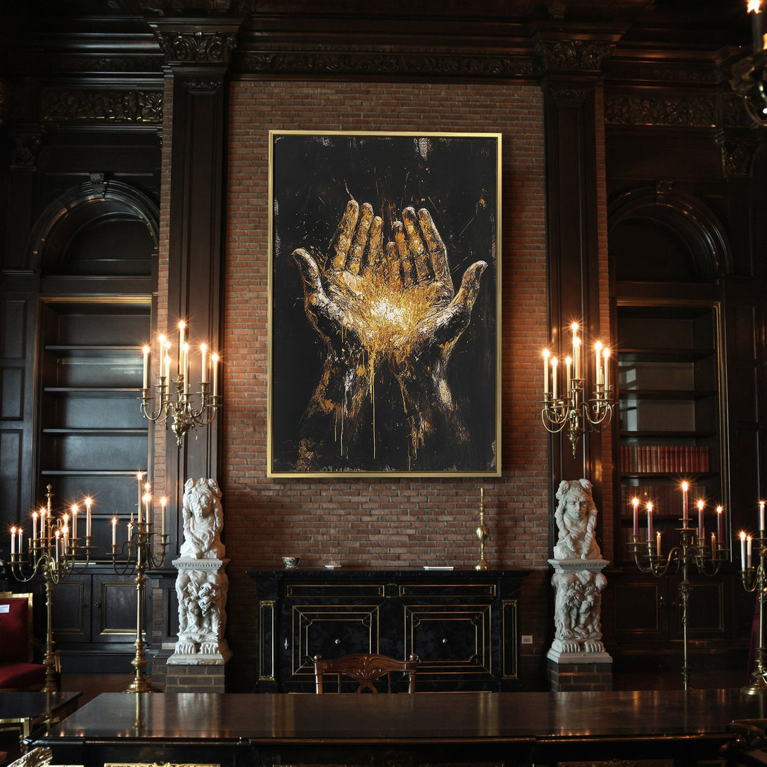 Canvas Print featuring abstract hands with a golden glow, dark and moody color palette, perfect for Halloween decor.