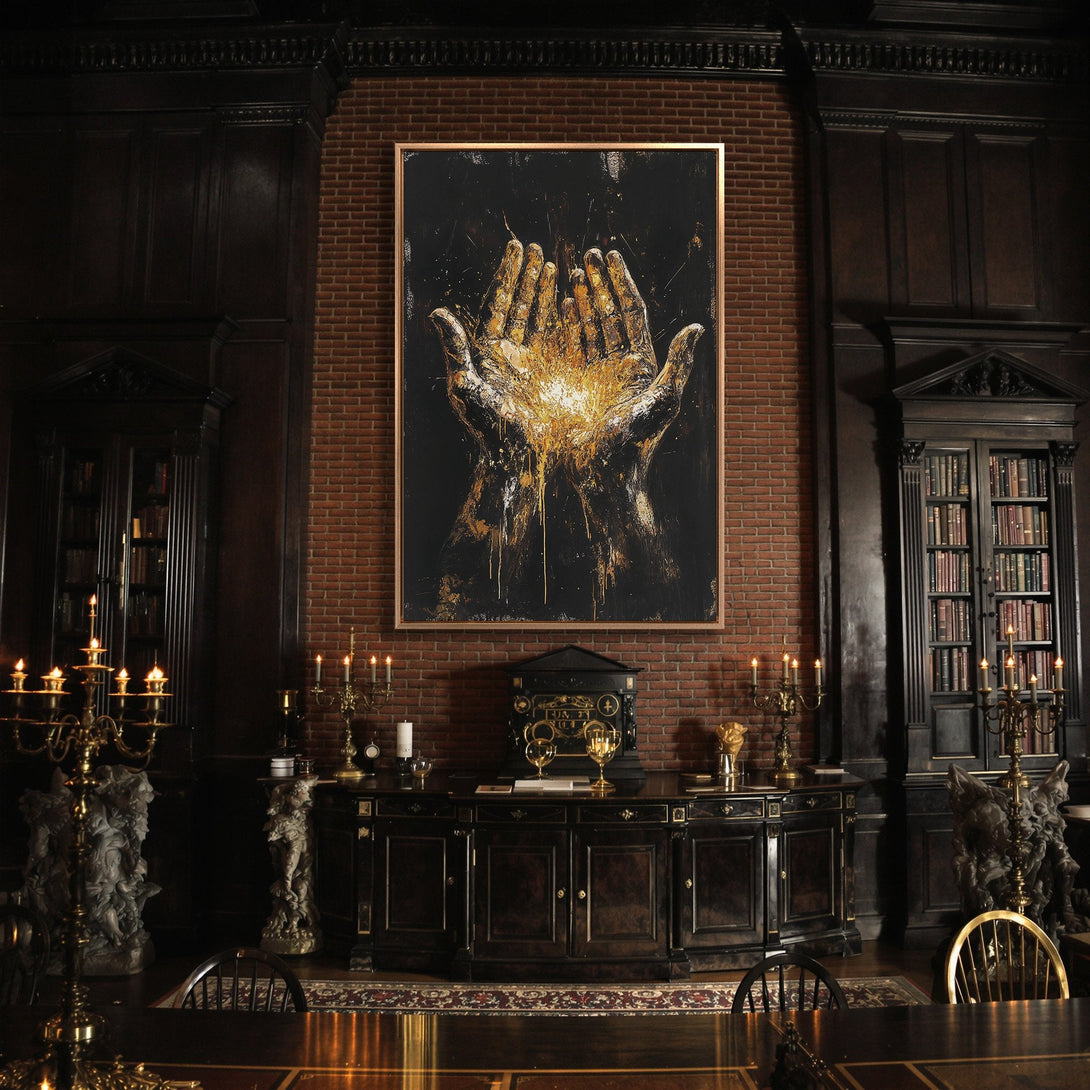 Framed Wall Art: Abstract hands with golden light. Dramatic black and gold canvas print perfect for a luxurious interior. Elevate your space with art!