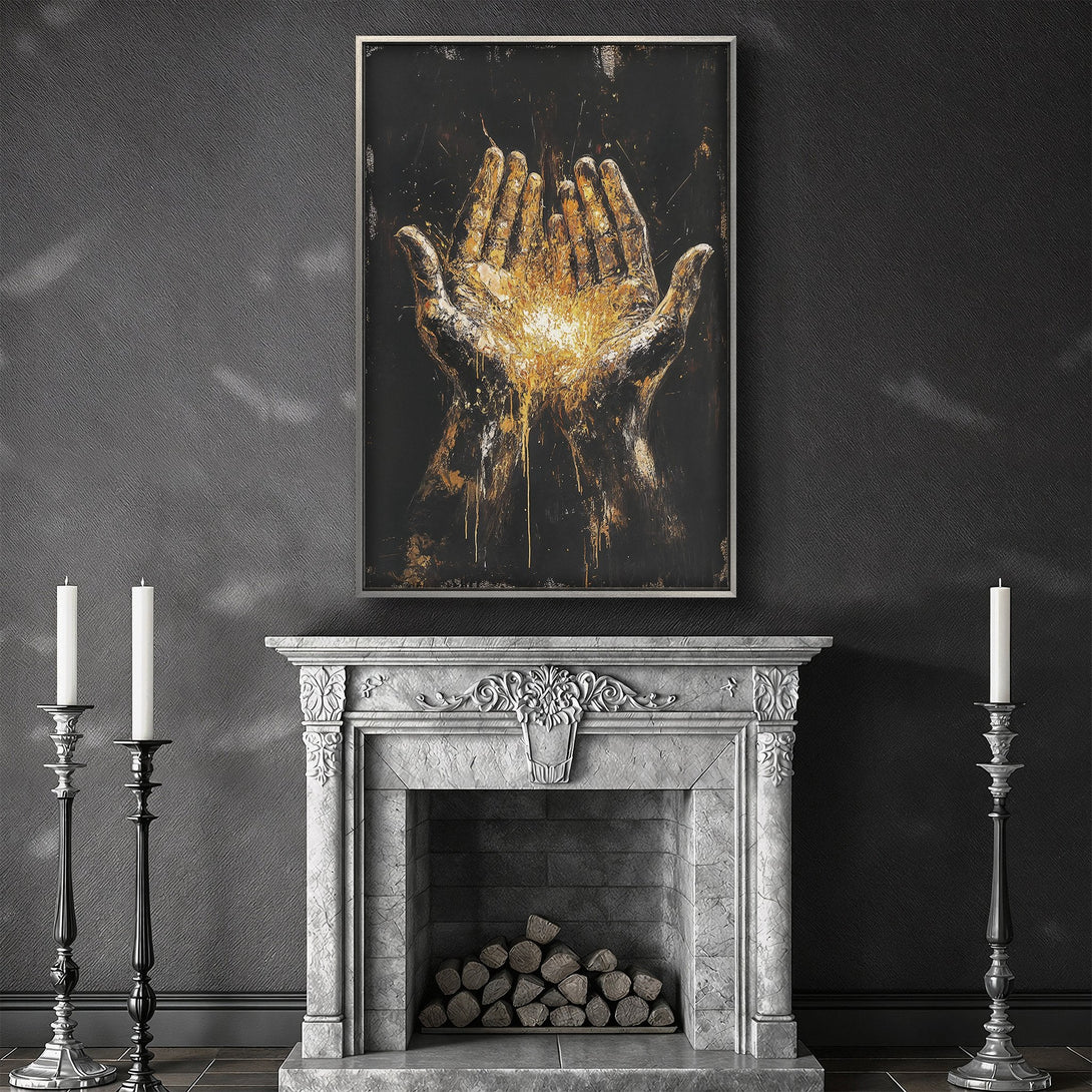 Framed Wall Art: Abstract hands canvas print with gold and black palette. Modern art for home decor, adds a touch of luxury and sophistication.