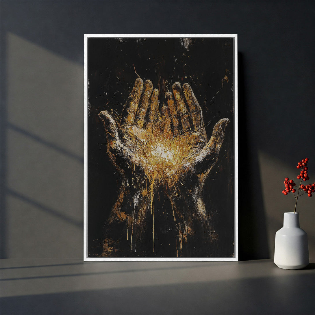 Framed Wall Art featuring abstract hands with a warm gold and black color palette. Perfect for adding a touch of modern art to your home decor.
