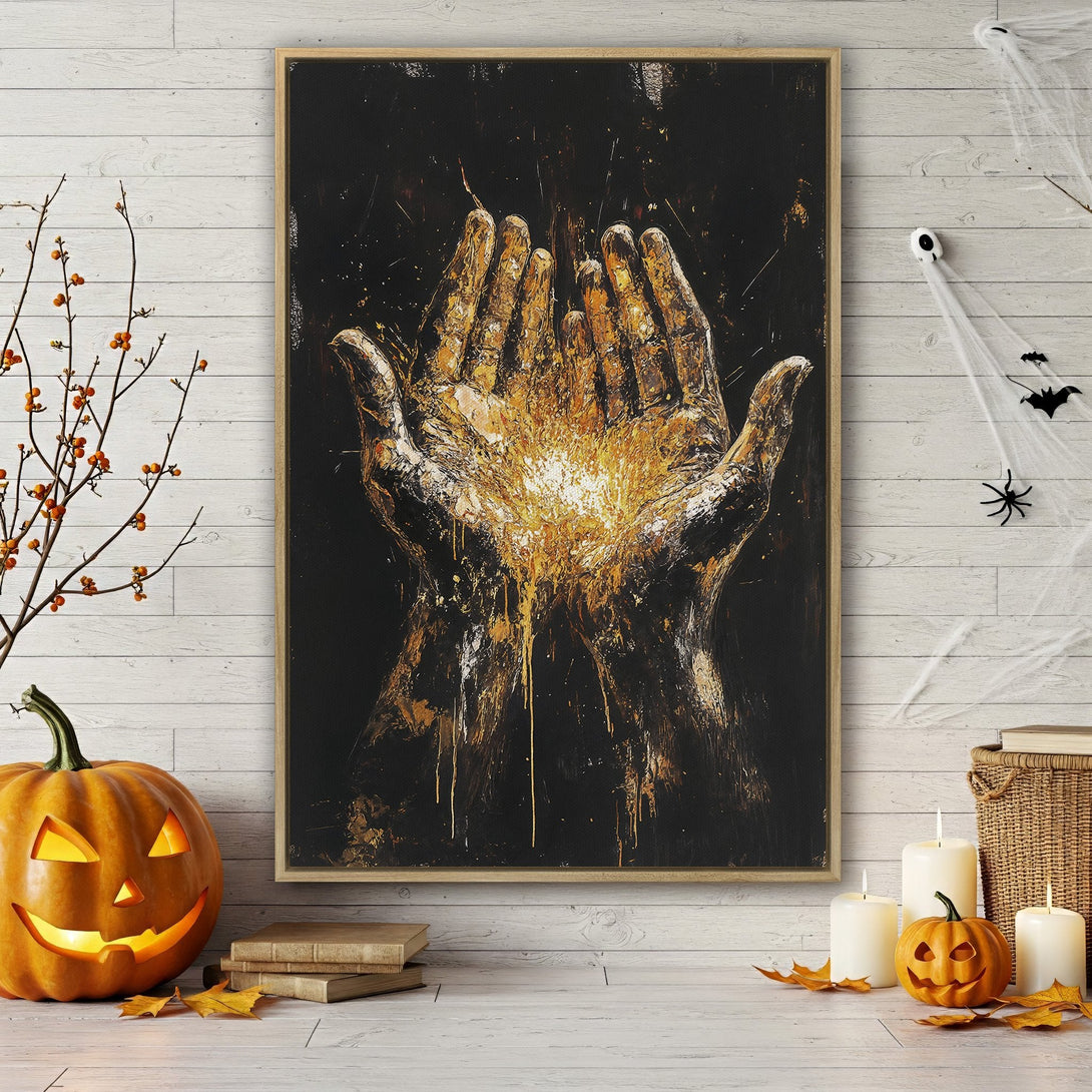 Framed Wall Art featuring abstract hands in gold and black, perfect for Halloween decor. Add a touch of mystery with this stunning canvas print!