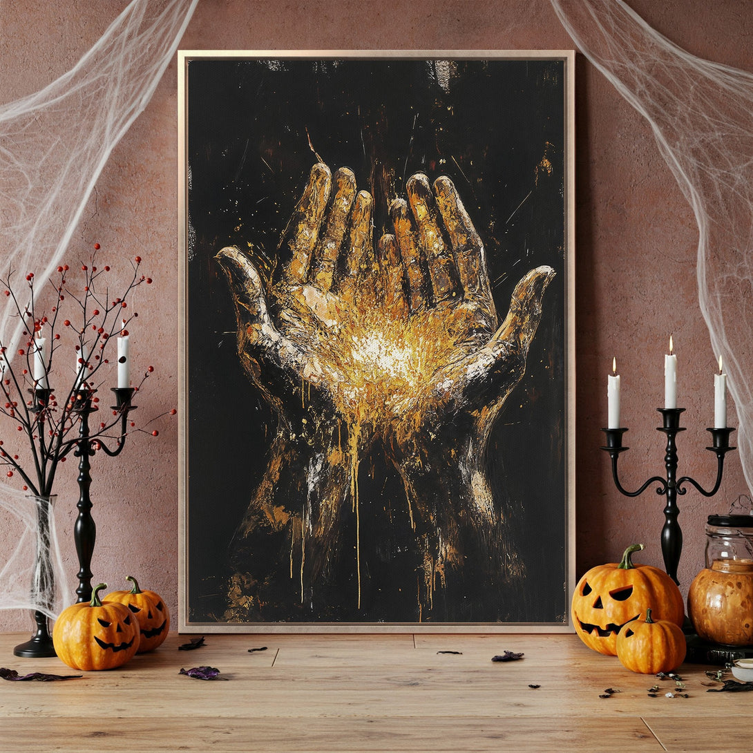 Framed Wall Art featuring abstract hands with a golden glow. Dark, moody color palette perfect for Halloween decor. Elevate your space with this unique artwork!