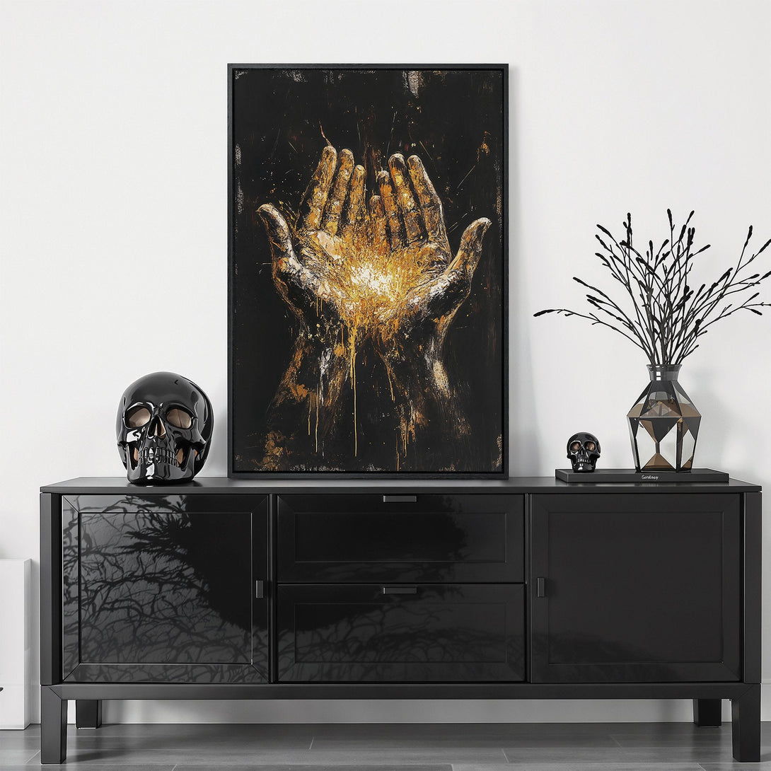 Framed Wall Art featuring hands with a golden glow, modern art style, black and gold color palette. Elevate your space with this captivating Canvas Print.