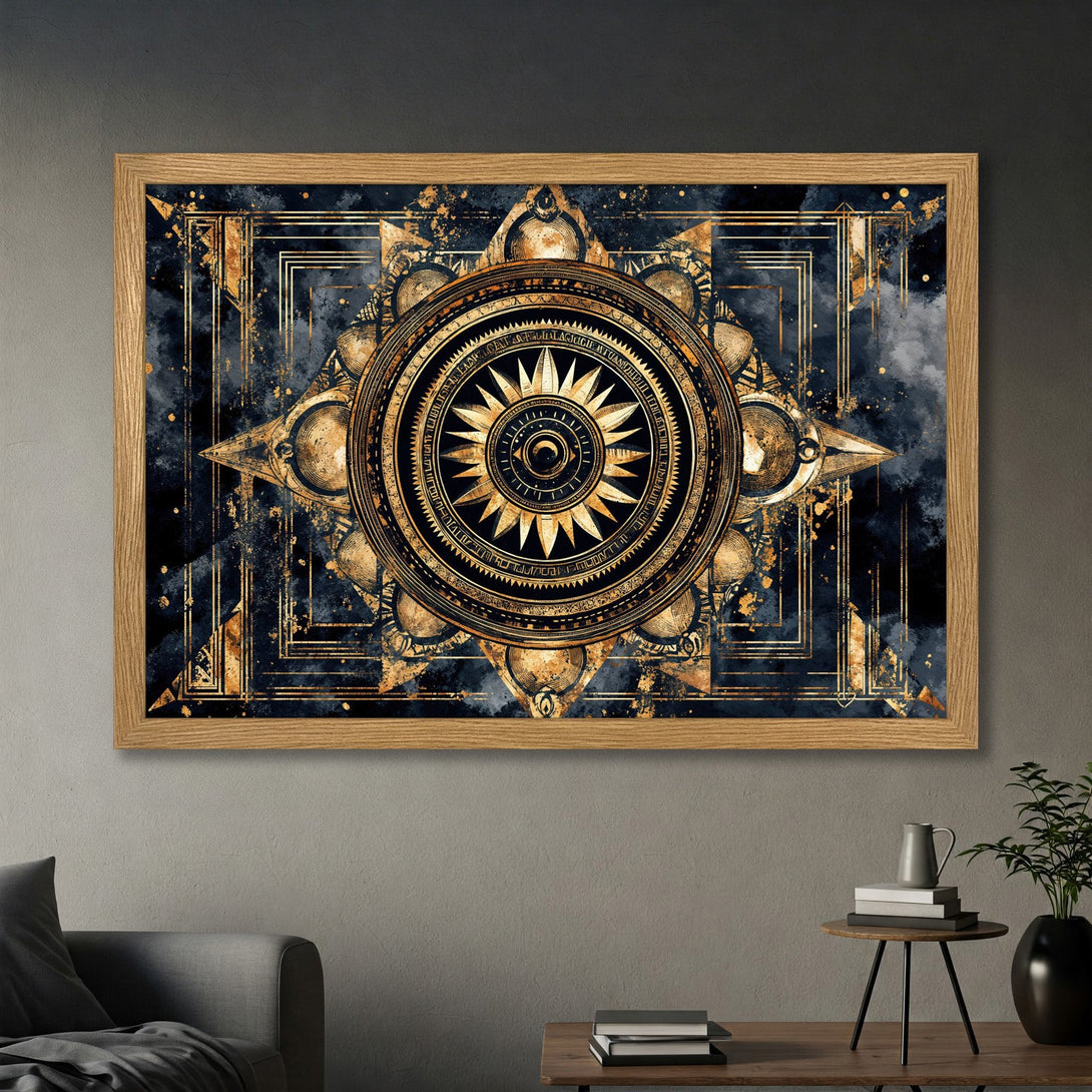 Framed Poster featuring an art deco design in gold and navy blue, perfect for adding a touch of elegance to any room.