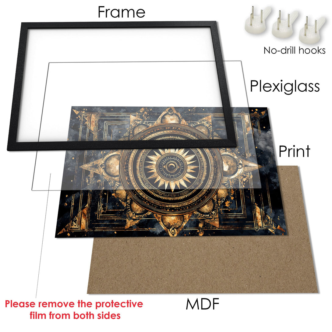 Framed Poster featuring a detailed compass design in gold and black, perfect for adding a touch of elegance.