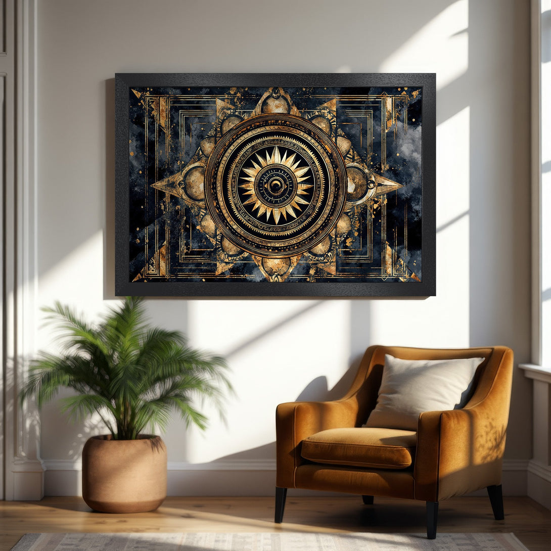 Framed Poster featuring an intricate gold and navy design. Stylish art print with a celestial, geometric style. Perfect wall decor.