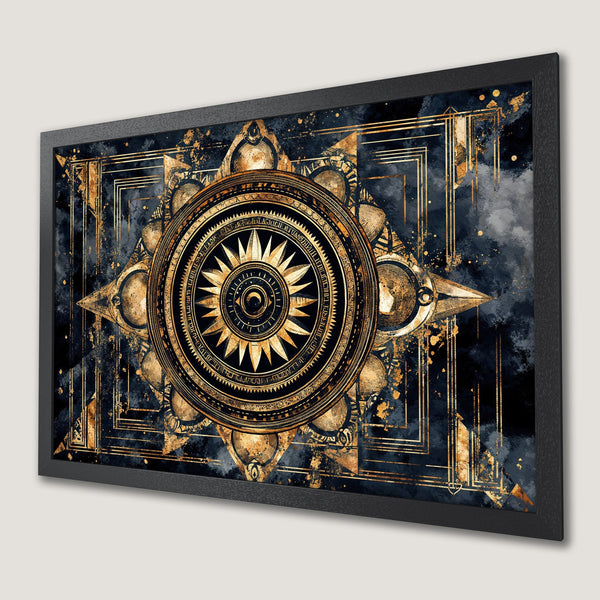 Framed Poster featuring an Art Deco compass design in gold and navy blue, perfect for stylish wall decor.