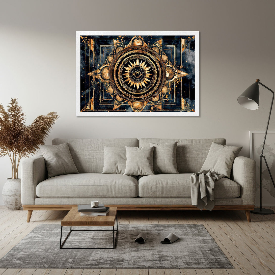 Framed Poster featuring a golden mandala design with a dark blue and gold color palette. Perfect wall art for any room.