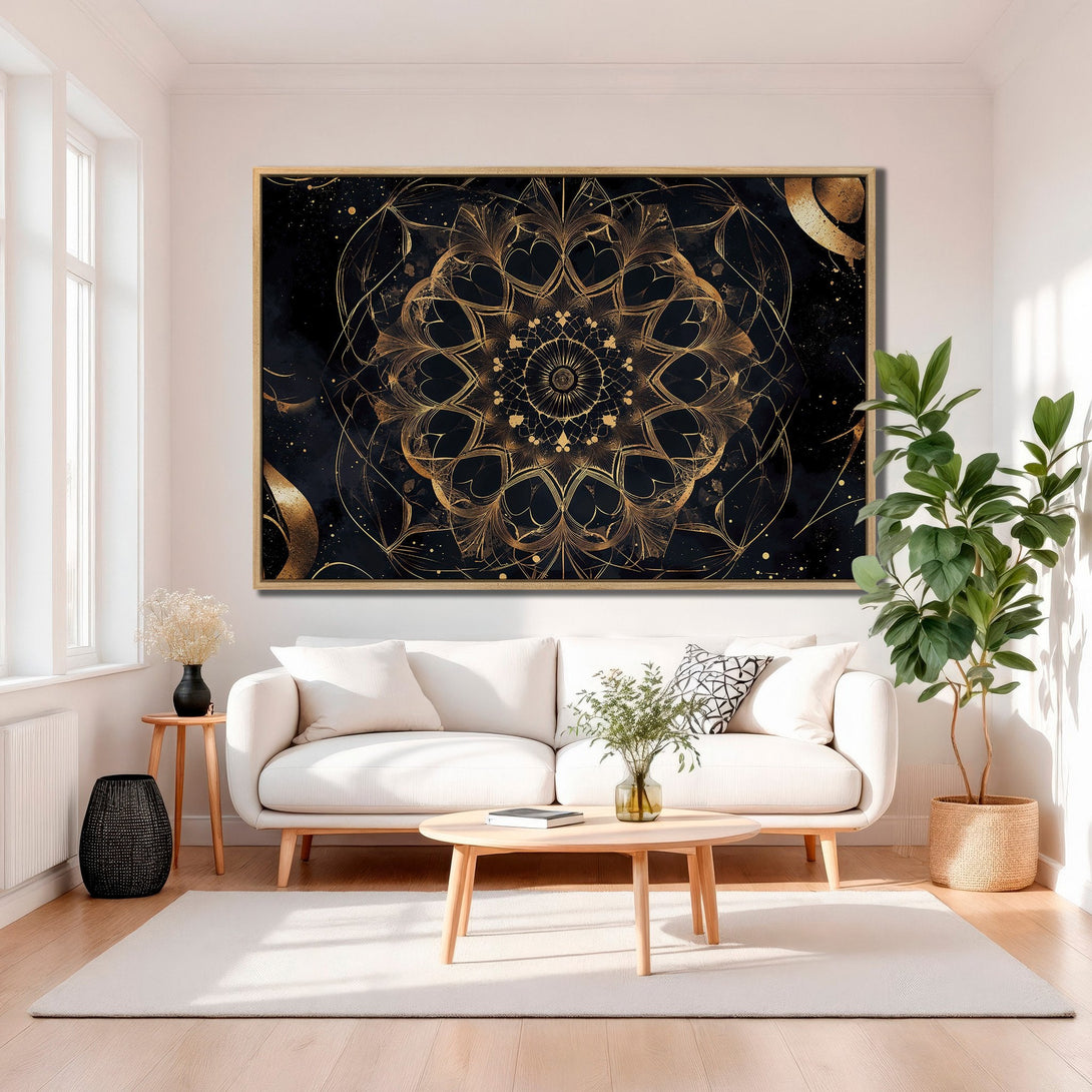 Framed Wall Art: Stunning gold mandala design on a black canvas. Modern home decor with a luxurious, elegant style. Perfect for living room or bedroom.
