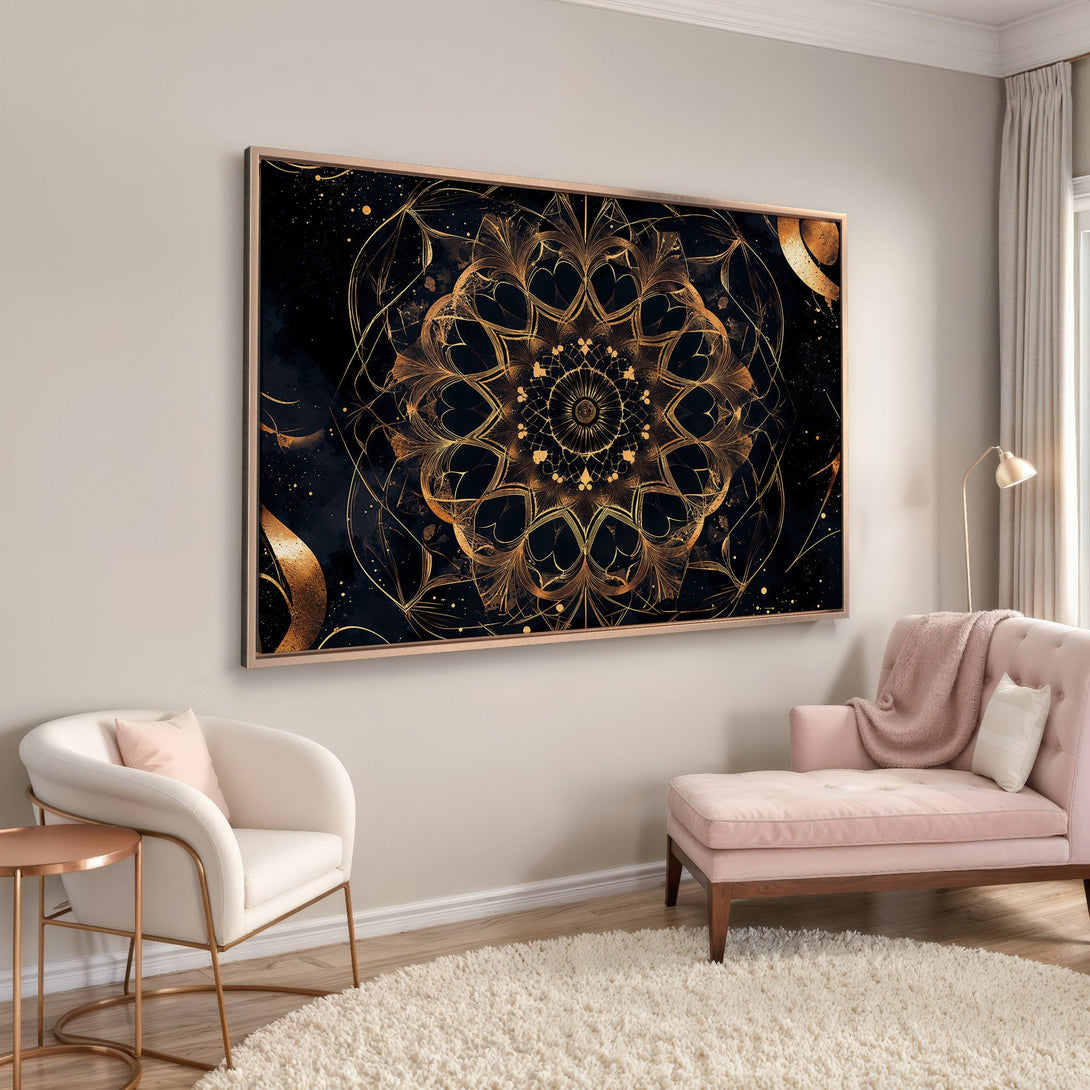 Framed Wall Art featuring a gold mandala on a black background, displayed in a modern interior. Luxurious decor with gold and dark color palette.