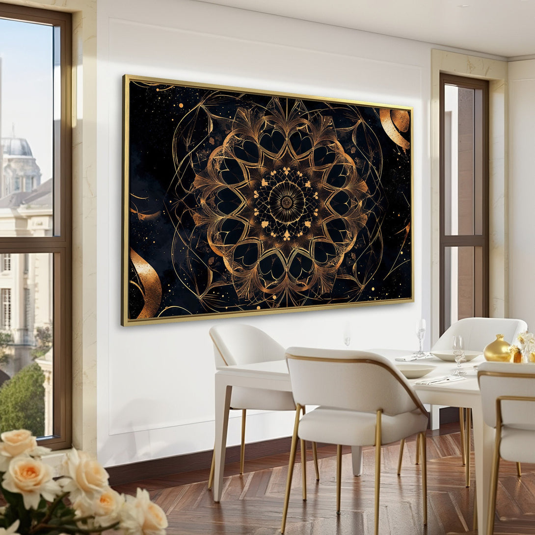 Canvas Print of a gold abstract mandala on black, a stunning piece of art. Adds luxury and style to any room. Featuring a modern, elegant design.
