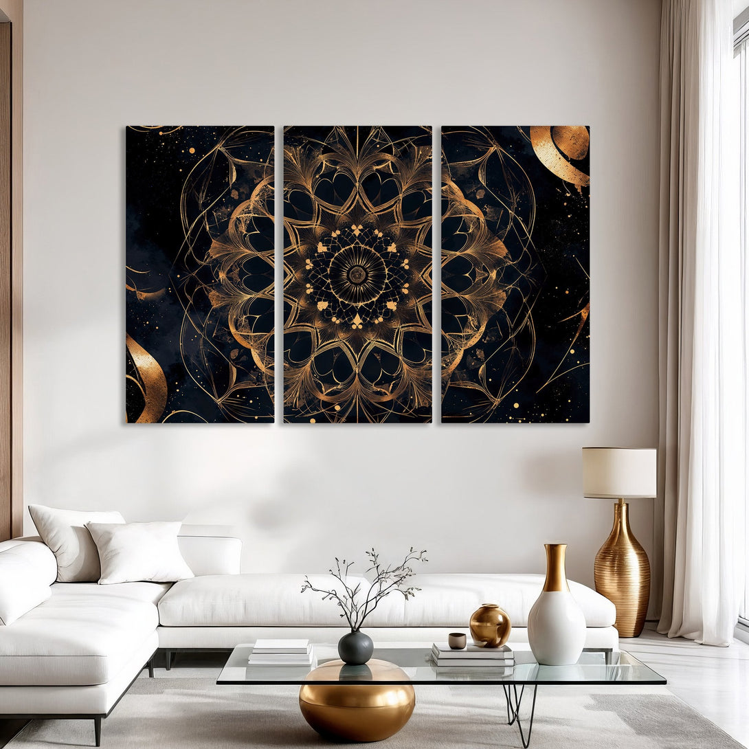 Canvas Print featuring a gold mandala design on a black background. Modern abstract art with a luxurious gold and black color palette.