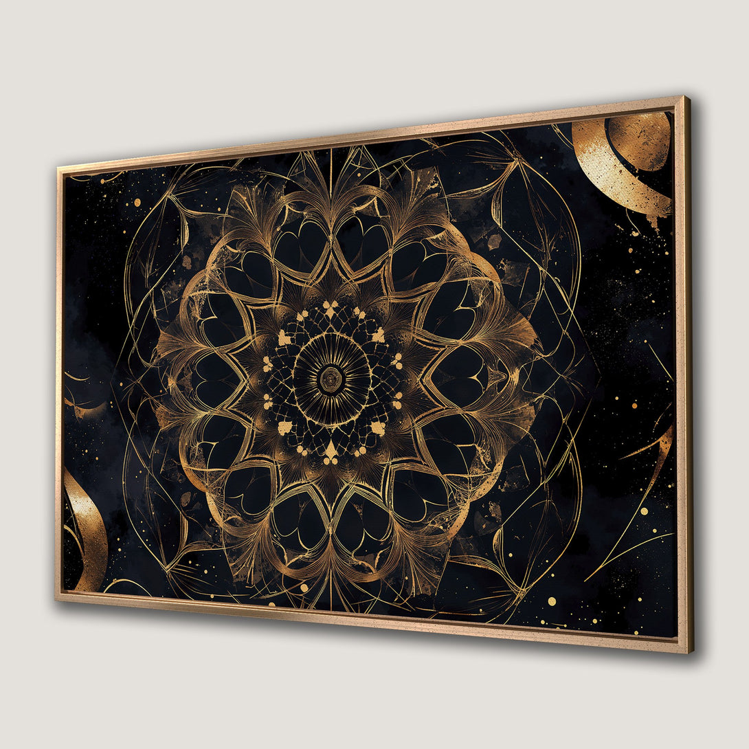 Framed Wall Art: Luxurious gold mandala design on a black background. Modern, elegant Canvas Print for a sophisticated home decor upgrade.