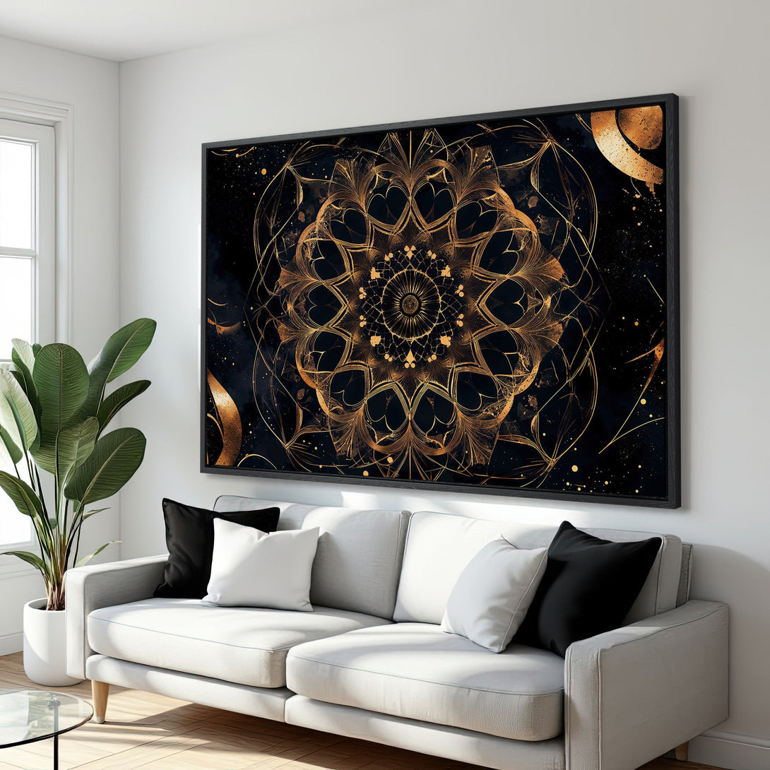 Framed Wall Art: Abstract gold mandala on black canvas. Modern, elegant decor with gold and black color palette. Adds a touch of luxury to any room.