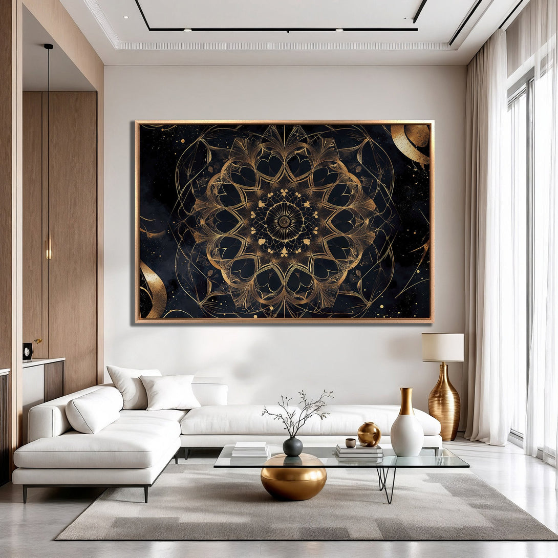 Framed Wall Art: Abstract gold mandala on black canvas. Modern art for home decor, featuring a luxurious gold and black color palette.