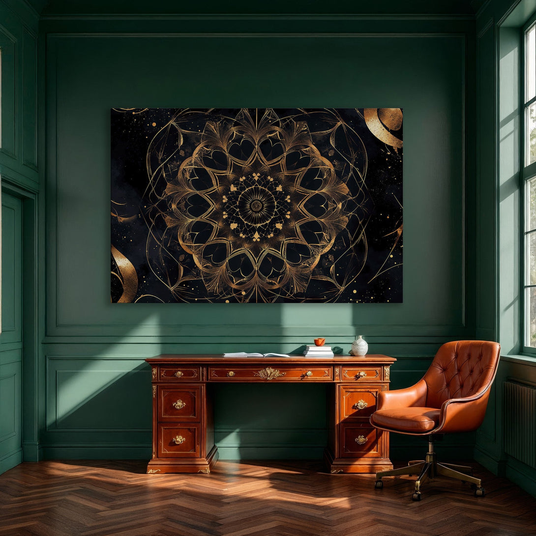 Framed Wall Art: Stunning gold mandala canvas print in a modern dining room. Black and gold abstract art for elegant home decor.