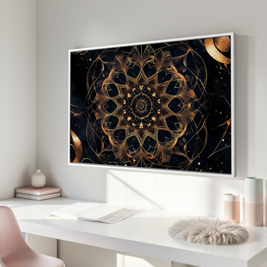 Framed Wall Art: Stunning gold mandala design on a black background. Modern art Canvas Print adds elegance to any room. Shop now!