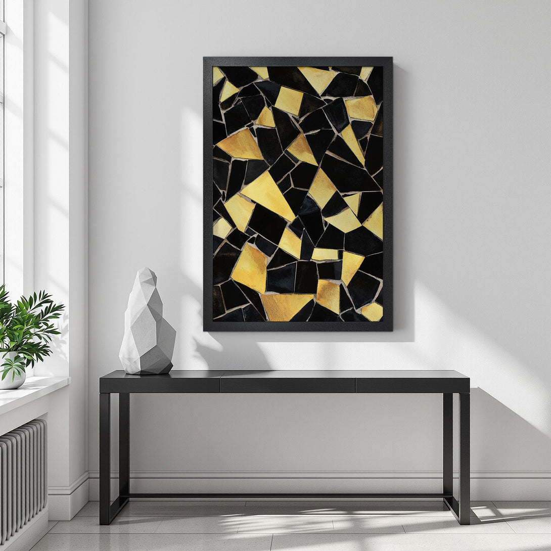 Framed Poster featuring abstract geometric art in black and gold, perfect for modern decor.