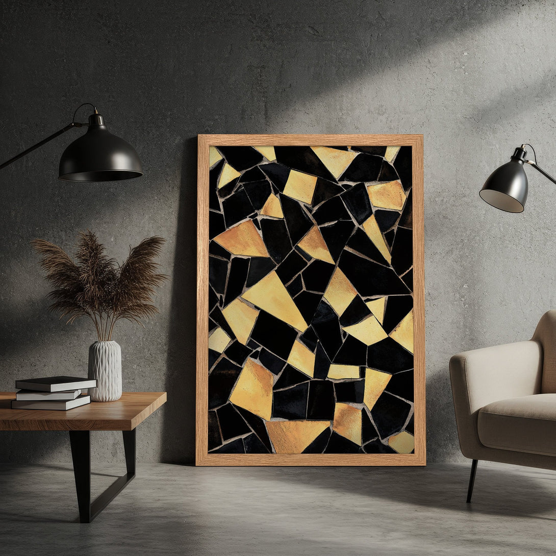 Framed Poster featuring abstract geometric art in black and gold, a modern style with a neutral color palette.