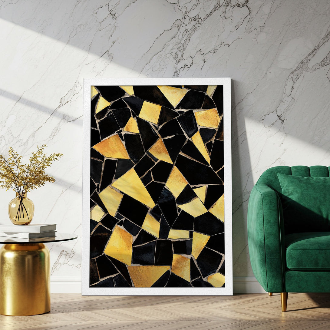 Framed Poster featuring an abstract mosaic design in black and gold. Modern art print with a luxurious color palette.