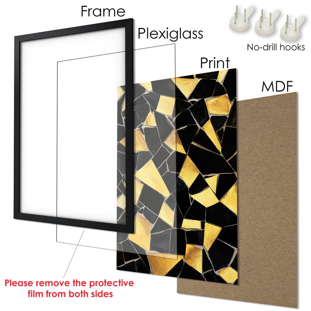 Framed Poster with abstract mosaic design in black, gold, and gray. Modern art print for home decor.