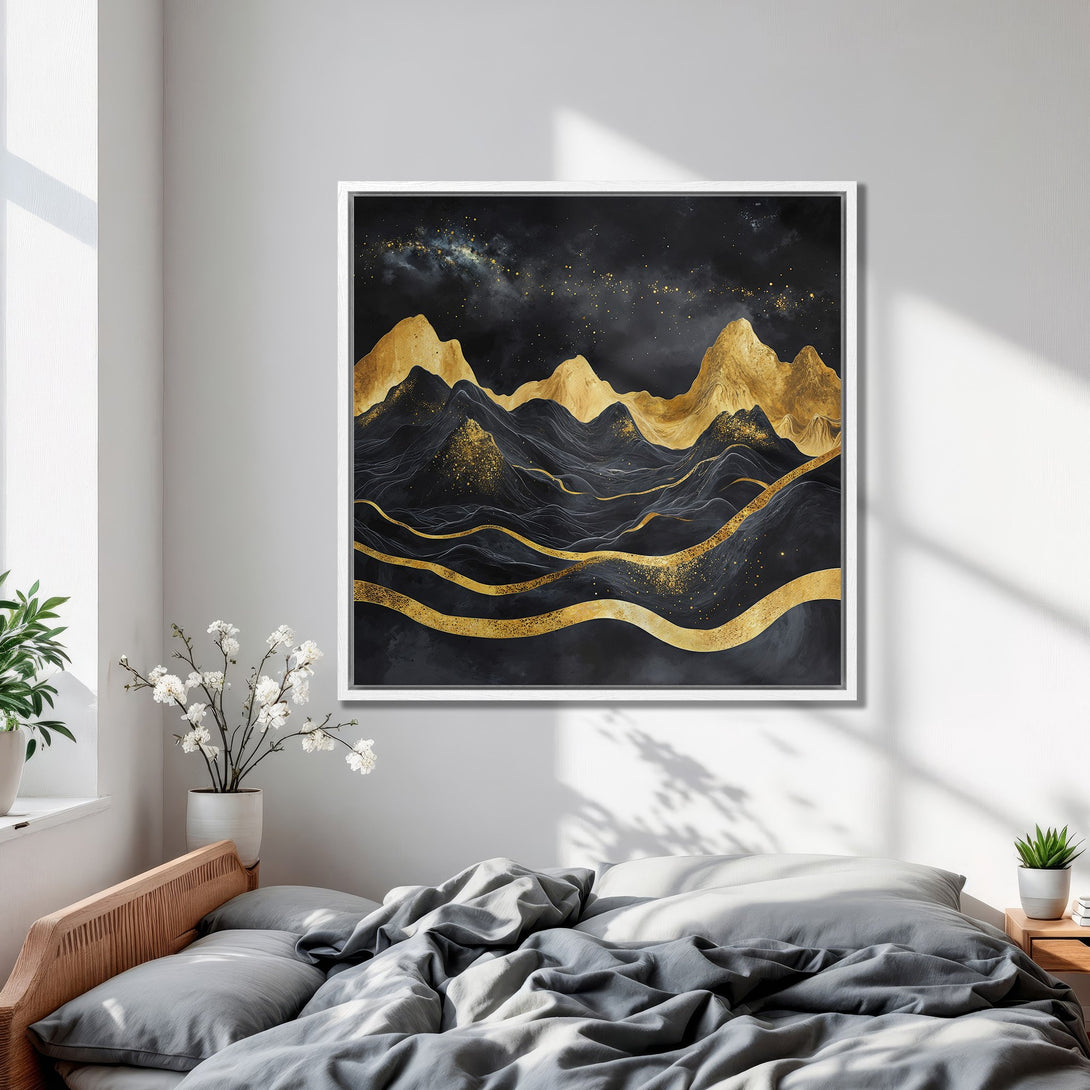Framed Wall Art: Abstract mountain landscape in black & gold. Modern canvas print adds a touch of elegance to any bedroom decor.