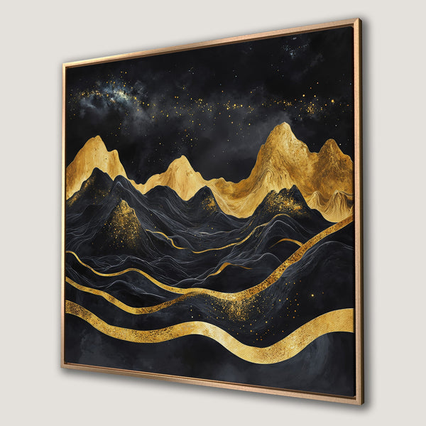 Framed Wall Art: Abstract gold mountain landscape on black Canvas Print. Modern art piece with gold and black color palette, perfect for home decor.