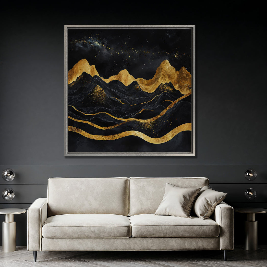 Framed Wall Art: Abstract gold mountain landscape on black canvas. Modern art decor with a luxurious, elegant color palette.