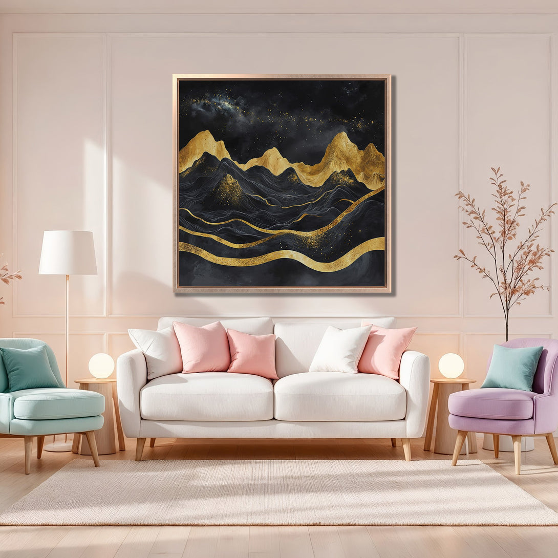 Framed Wall Art featuring abstract gold mountains on a black background. Modern art Canvas Print with a luxurious, elegant color palette.