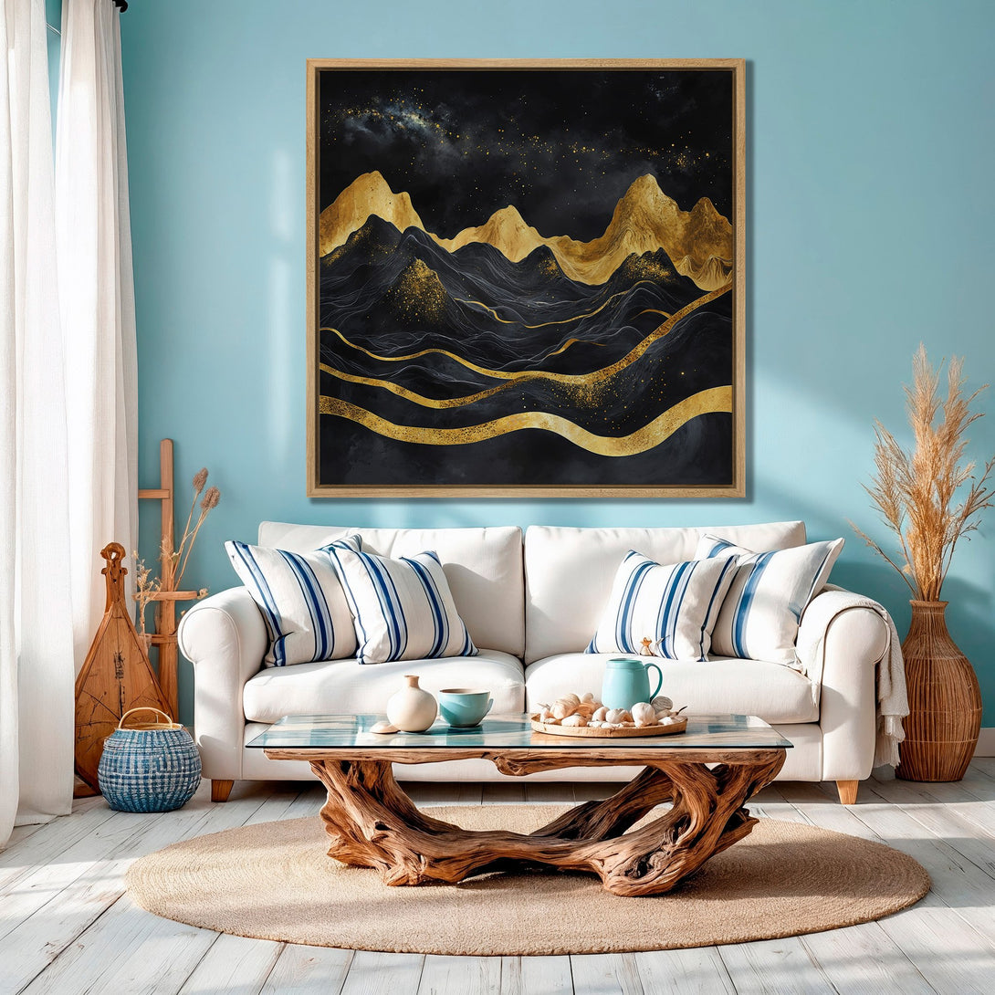 Framed Wall Art: Abstract gold and black mountain landscape Canvas Print. Modern art for home decor, featuring a stylish, elegant design.