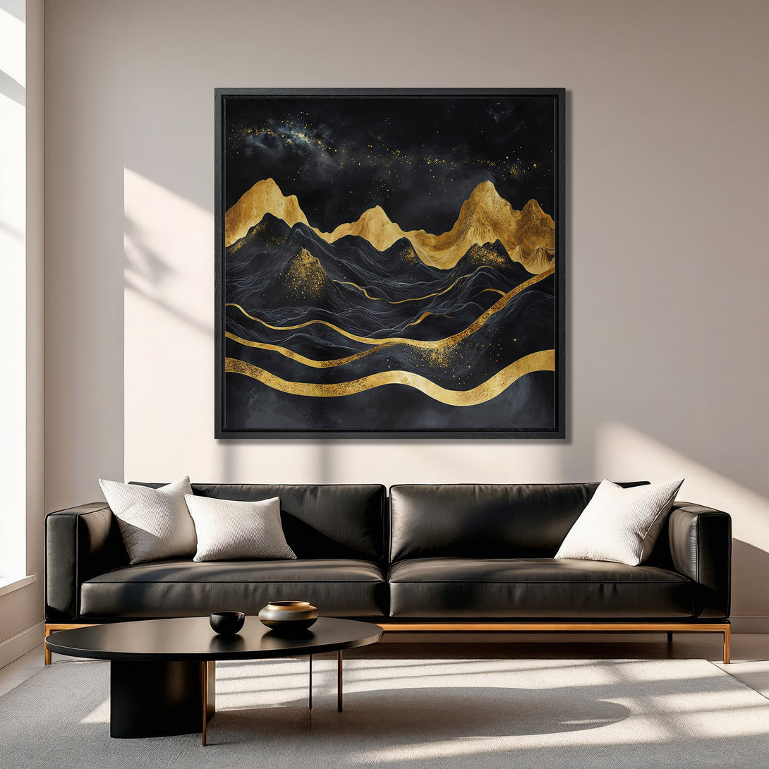 Framed Wall Art: Abstract gold mountain landscape canvas print on display. Modern art with black and gold color palette, perfect for home decor.