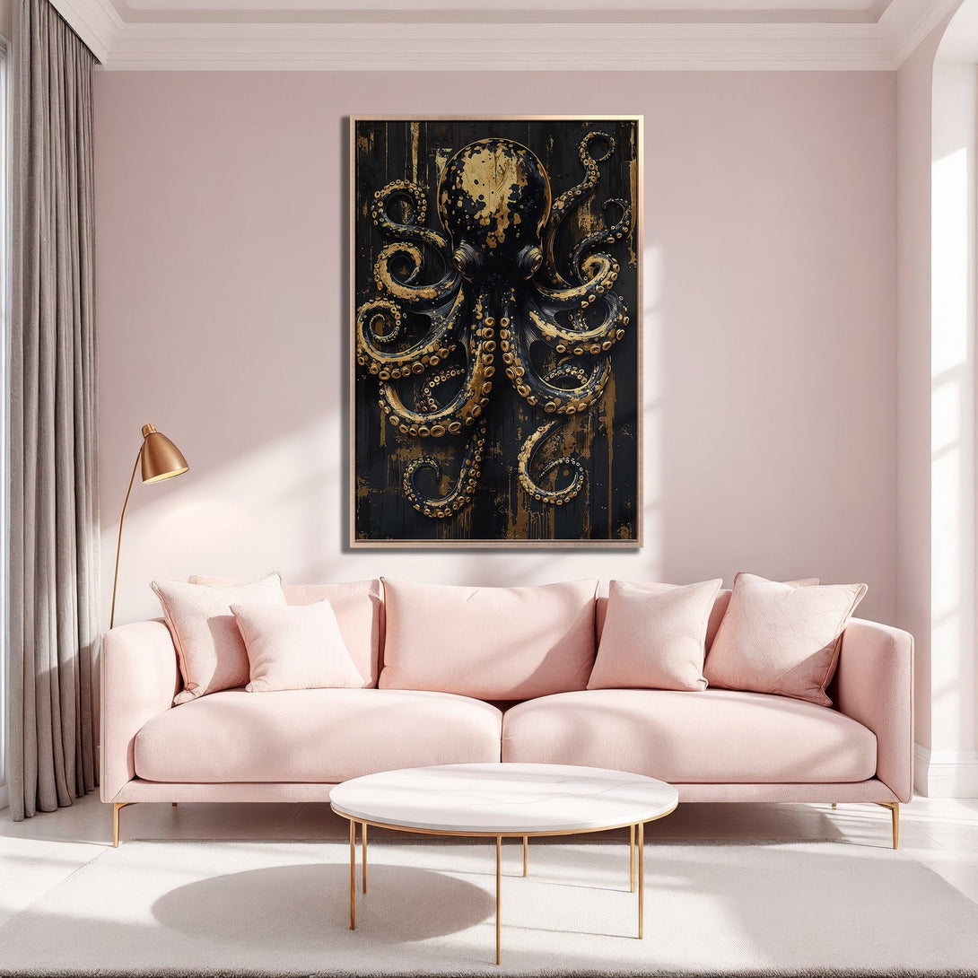 Framed Wall Art: Luxurious octopus design in black and gold. Modern Canvas Print with a touch of glam, perfect for a chic living room.