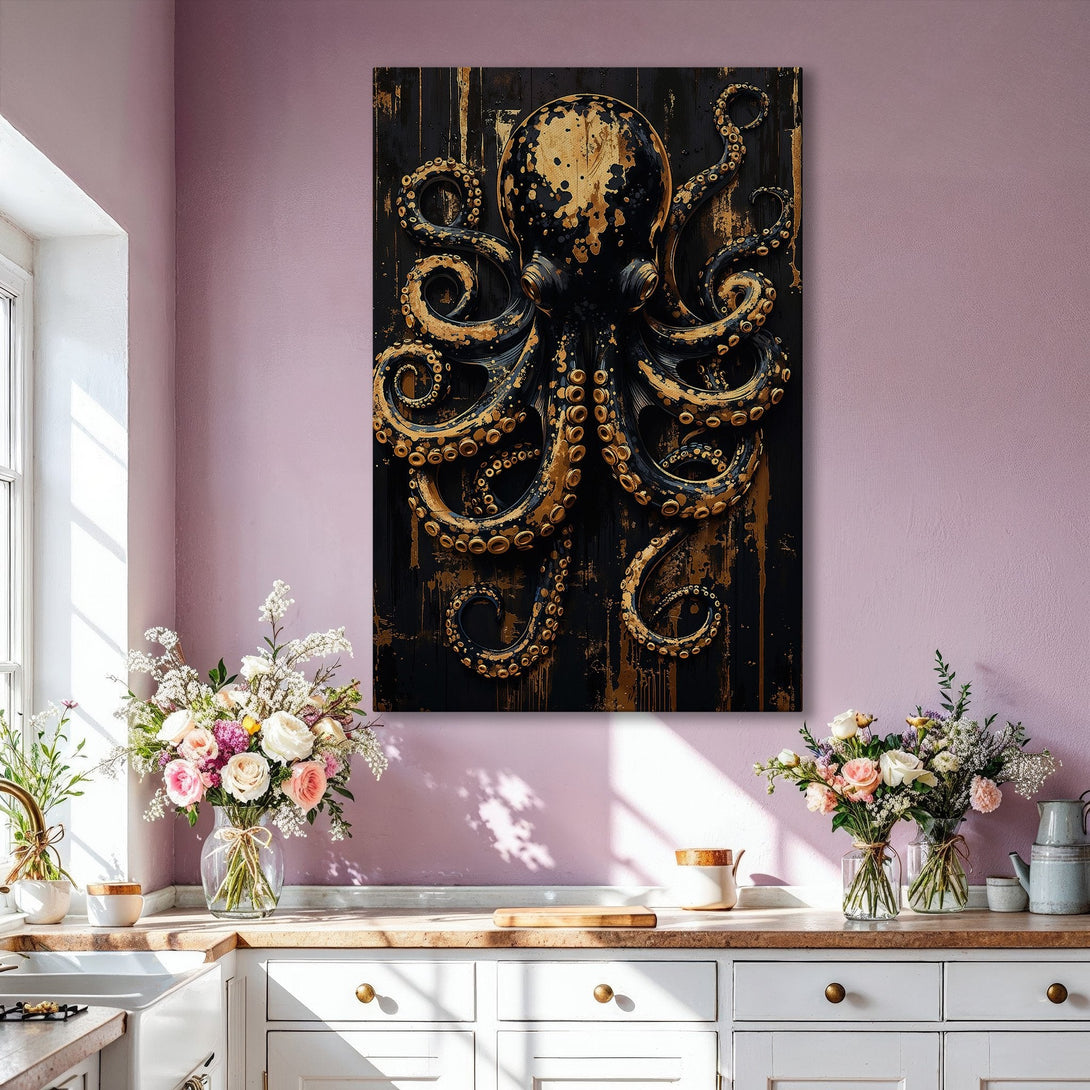 Framed Wall Art: Luxurious octopus print in black & gold. Modern art decor for living room. Elevate your space with this stunning canvas print.