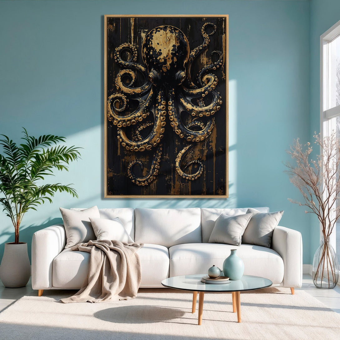 Framed Wall Art: Gold and black octopus canvas print in a modern living room. Adds a touch of luxury with its dark, textured style.