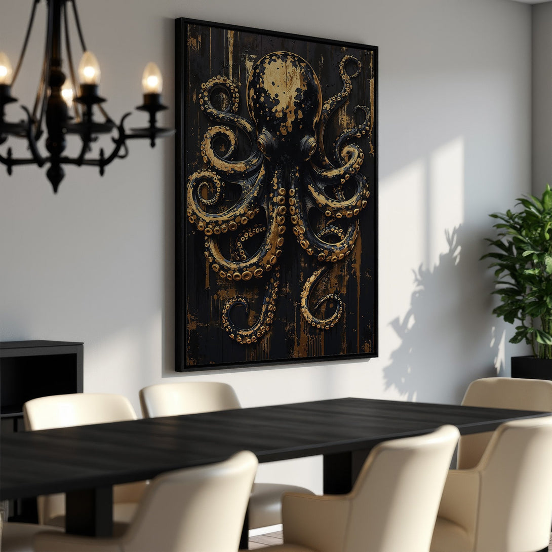 Framed Wall Art featuring a striking octopus in black and gold. Enhance your space with this unique, modern Canvas Print.