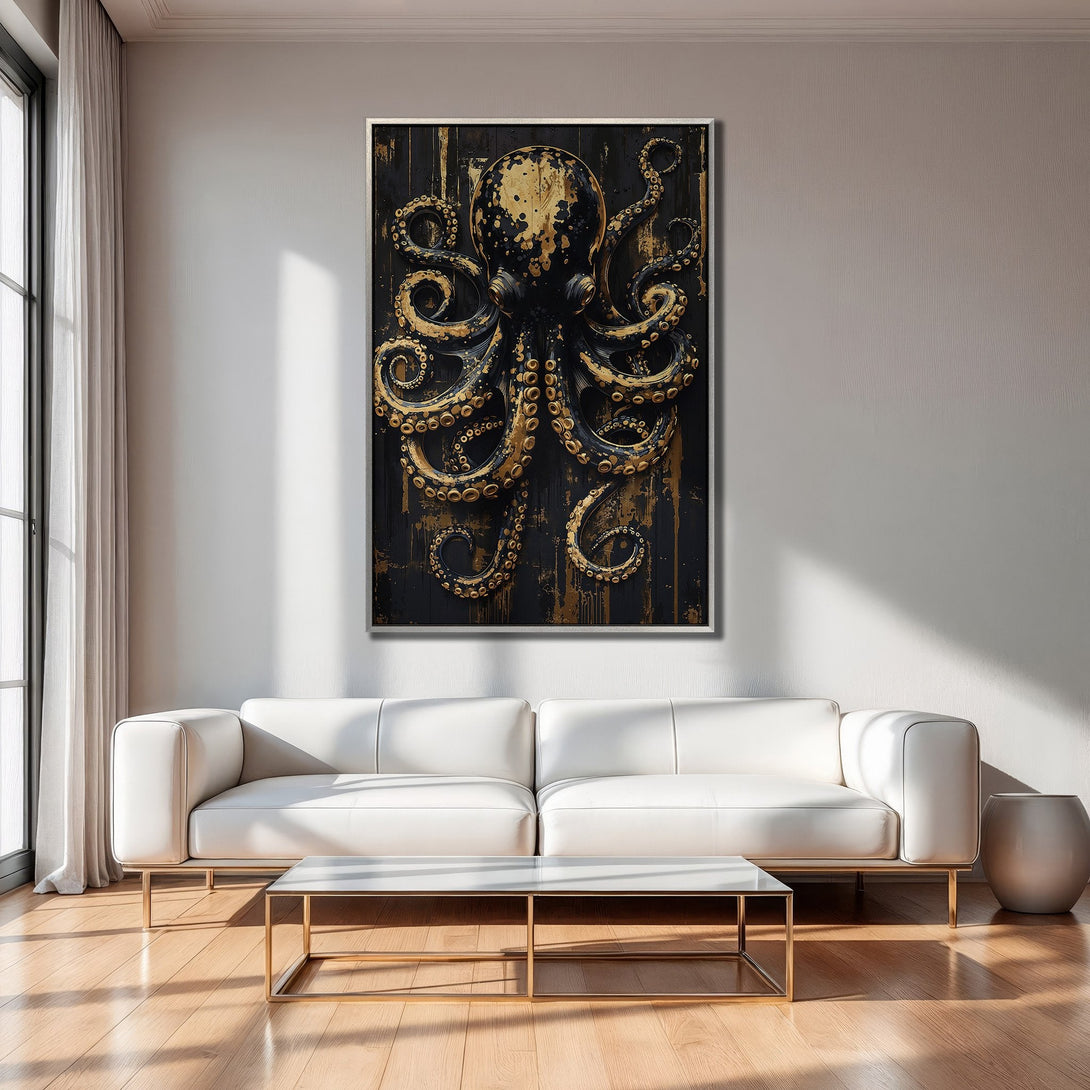 Framed Wall Art: Stunning octopus art in black & gold. Modern style Canvas Print adds a touch of luxury. Perfect for living rooms!