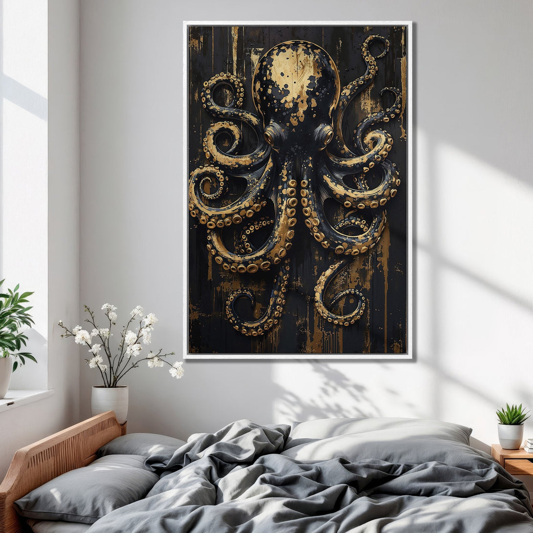 Framed Wall Art: Stunning black & gold octopus canvas print. Modern, luxurious art for your bedroom. Transform your space with this unique piece!