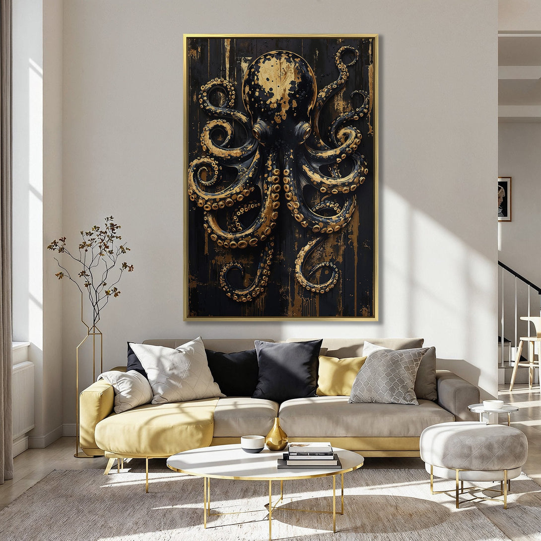 Canvas Print of a black and gold octopus in an interior. Modern art with a dark, moody aesthetic. Beautiful wall decor.