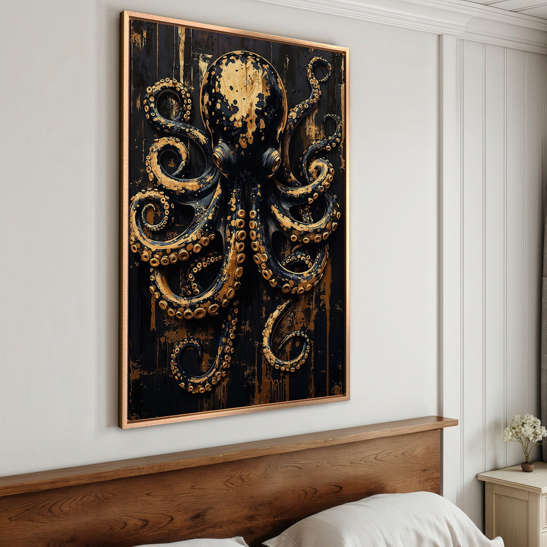 Framed Wall Art: Black & gold octopus canvas print. Dramatic, modern art with a dark, textured background. Perfect for adding a touch of luxury to your space.