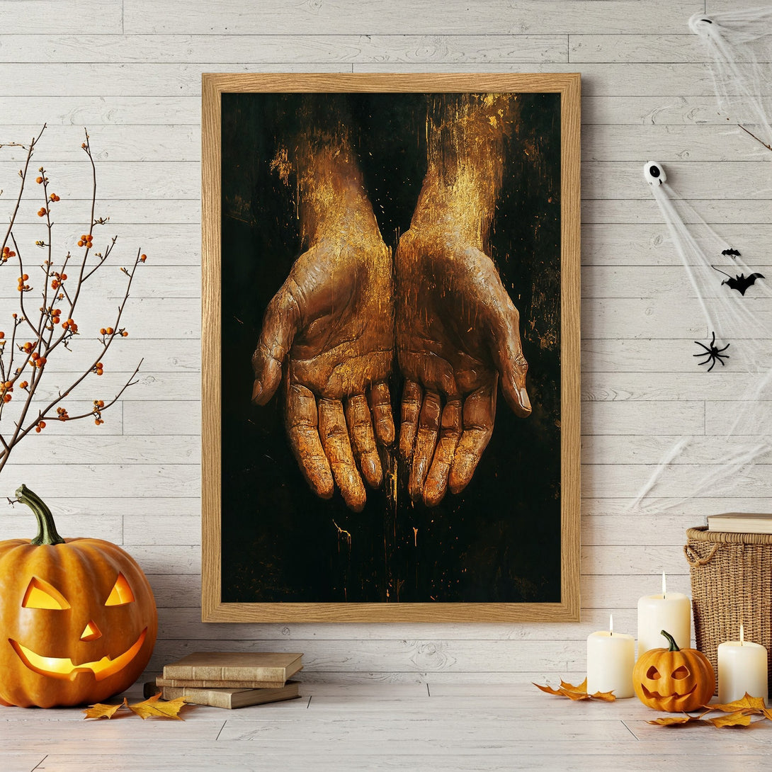 Framed Poster featuring hands, dark & gold tones, perfect Halloween decor. Add this art print to your collection!