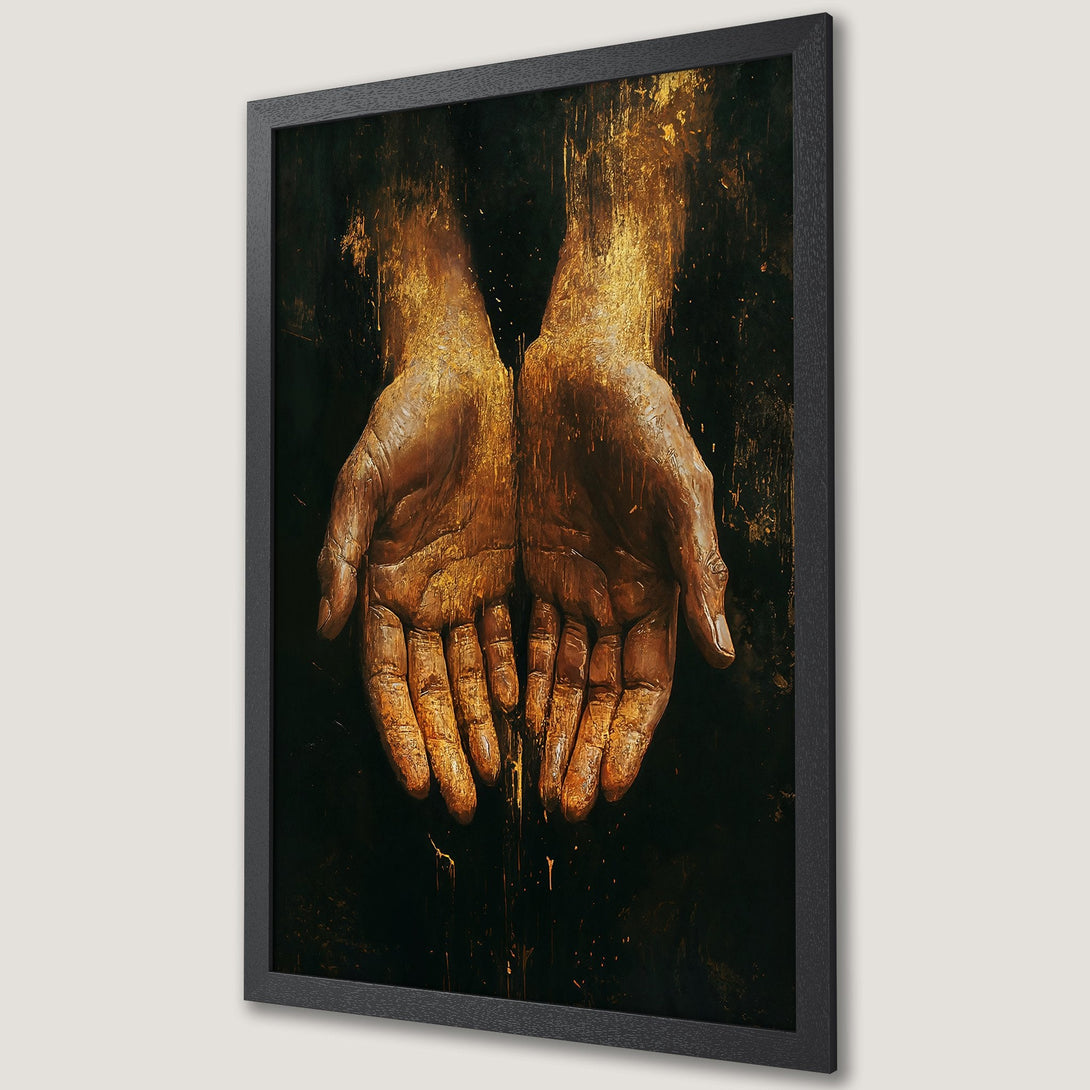 Framed Poster featuring an artistic depiction of hands, with a dark, gold and brown color palette. Perfect wall art.