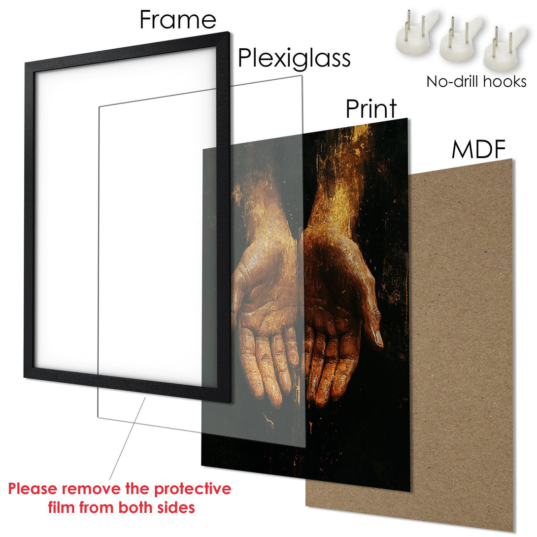 Framed Poster featuring a detailed hand illustration in warm gold and brown tones. Perfect art for your home!